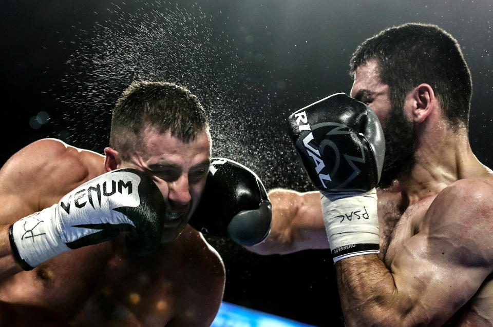 PHILADELPHIA, UNITED STATES - OCTOBER 19, 2019: WBC titlist Oleksandr Gvozdyk of Ukraine (L) and IBF belt-holder Artur Beterbiev of Russia compete in a light heavyweight world title unification boxing fight at the Liacouras Center in Philadelphia, Pennsylvania, United States; Beterbiev won the bout. Valery Sharifulin/TASS (Photo by Valery Sharifulin\TASS via Getty Images)