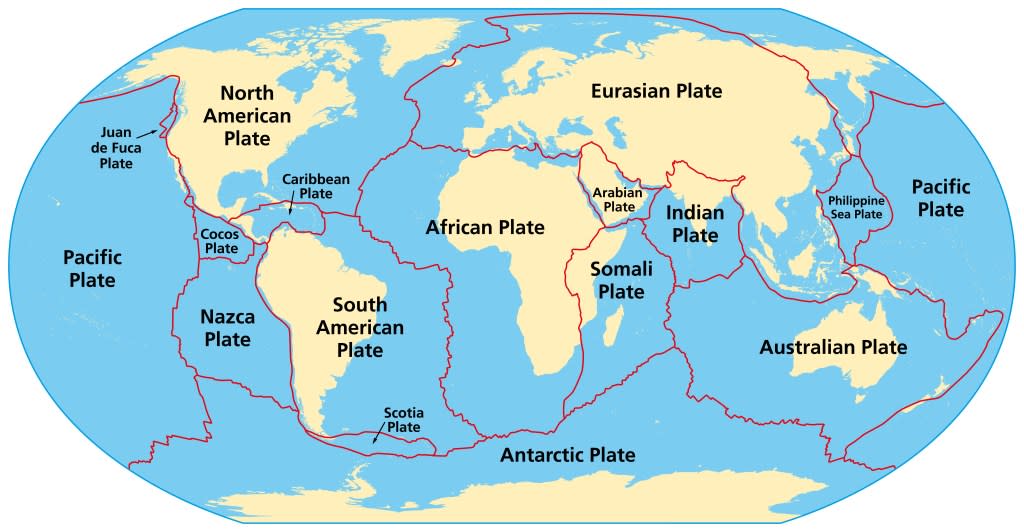 Map of the principal tectonic plates of the Earth. The sixteen major pieces of crust and uppermost mantle of the Earth, called the lithosphere, and consisting of oceanic and continental crust. Vector