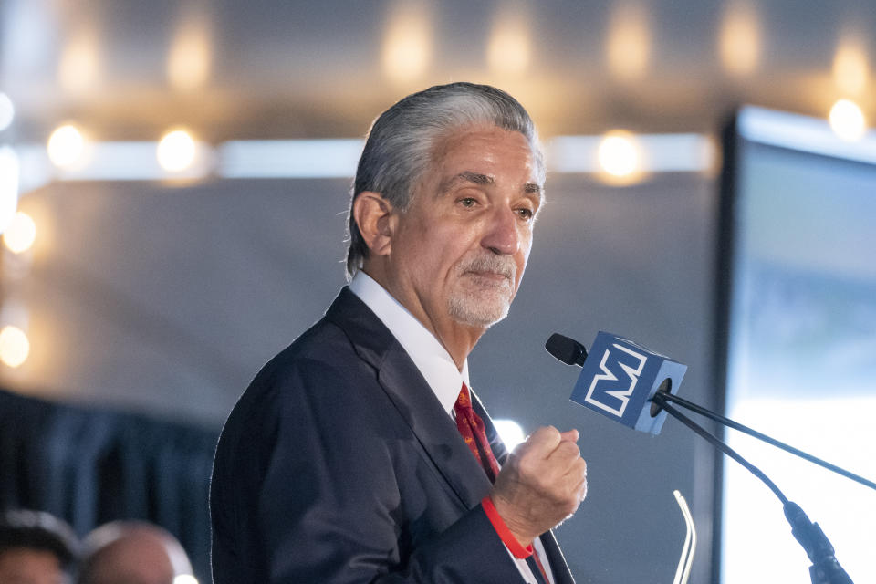 Ted Leonsis, owner of the Washington Wizards NBA basketball team and Washington Capitals HNL hockey team, speaks during an event with Virginia Gov. Glenn Youngkin to announce plans for a new sports stadium for the teams, Wednesday, Dec. 13, 2023, in Alexandria, Va. Virginia Gov. Glenn Youngkin has reached a tentative agreement with the parent company of the NBA's Washington Wizards and NHL's Washington Capitals to move those teams from the District of Columbia to what he called a new "visionary sports and entertainment venue" in northern Virginia. (AP Photo/Alex Brandon)