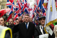LONDON, UNITED KINGDOM - APRIL 01: Britain First Leader, Paul Golding (C) leads March Against Terrorism on April 01, 2017 in London, England. Supporters of far-right political movement Britain First gathered in central London to protest against Islam and Islamic terrorism in the wake of the recent Westminster terror attack. PHOTOGRAPH BY Wiktor Szymanowicz / Barcroft Images London-T:+44 207 033 1031 E:hello@barcroftmedia.com - New York-T:+1 212 796 2458 E:hello@barcroftusa.com - New Delhi-T:+91 11 4053 2429 E:hello@barcroftindia.com www.barcroftimages.com (Photo credit should read Wiktor Szymanowicz / Barcroft Im / Barcroft Media via Getty Images)
