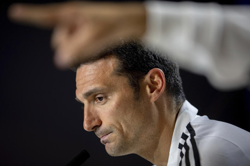 Argentina's national soccer team coach Lionel Scaloni attends a press conference in Madrid, Spain, Thursday, March 21, 2019. Argentina will play a friendly soccer match against Venezuela on Friday. (AP Photo/Bernat Armangue)