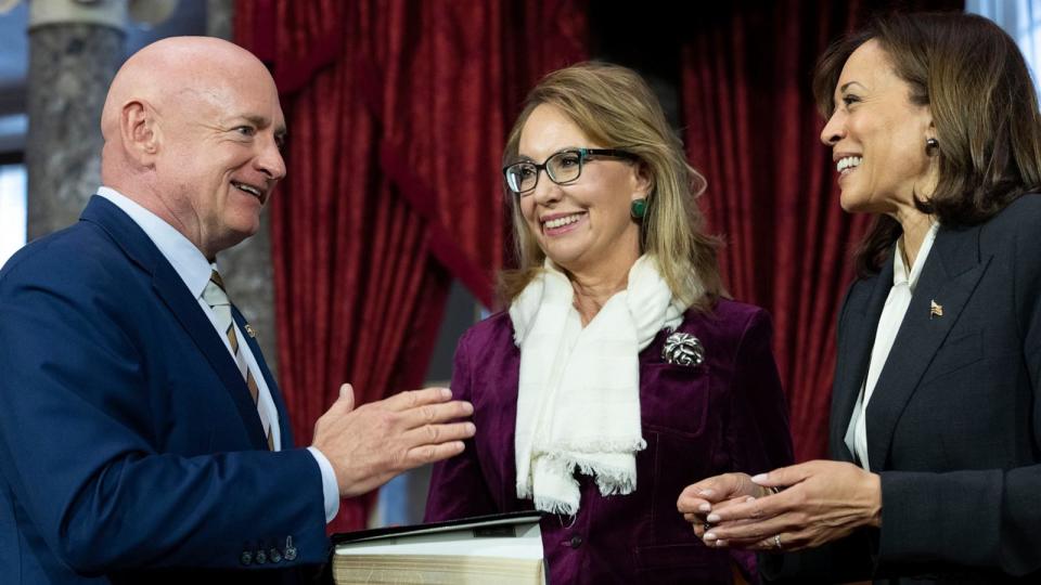 PHOTO: Vice President Kamala Harris participates in a ceremonial swearing-in of Sen. Mark Kelly, D-Ariz., with his wife Gabrielle Giffords, in the Old Senate Chamber on Capitol Hill in Washington, Jan. 3, 2023. (Jacquelyn Martin/AP, FILE)