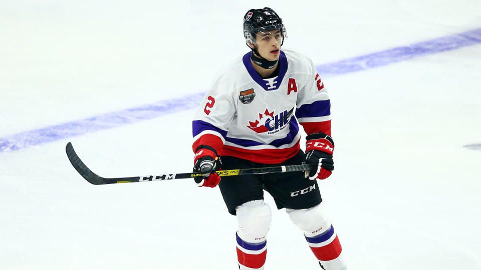 HAMILTON, ON - JANUARY 16:  Braden Schneider #2 of Team White skates during the 2020 CHL/NHL Top Prospects Game against Team Red at FirstOntario Centre on January 16, 2020 in Hamilton, Canada.  (Photo by Vaughn Ridley/Getty Images)