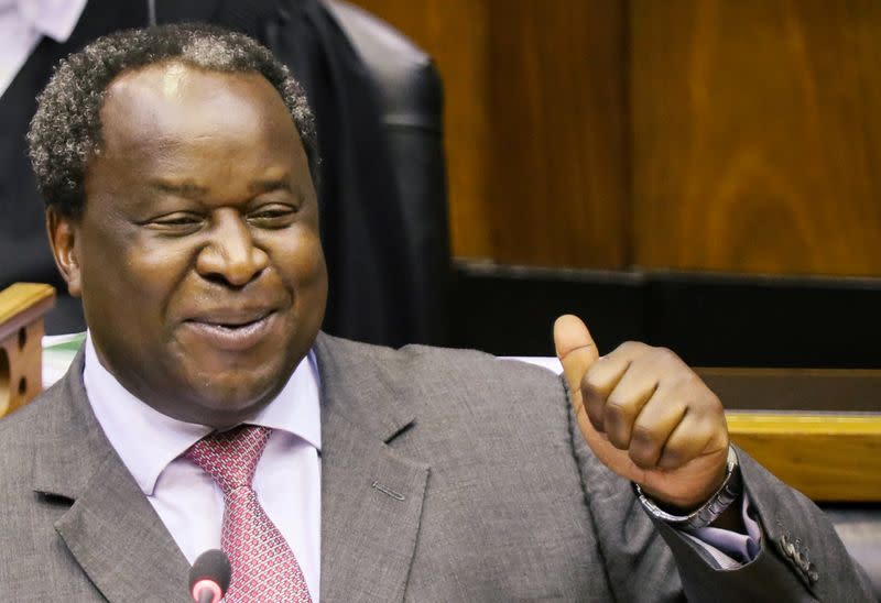 FILE PHOTO: South African Finance Minister Tito Mboweni gestures as he delivers his Budget Speech at Parliament in Cape Town