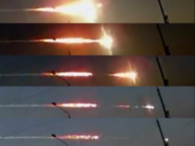 A series of video frames shows the Chelyabinsk meteor passing through the skies above the Siberian city of Kamensk-Uralskiy on Feb. 15, 2013. (Aleksandr Ivanov / Popova et al. / Science / AAAS)