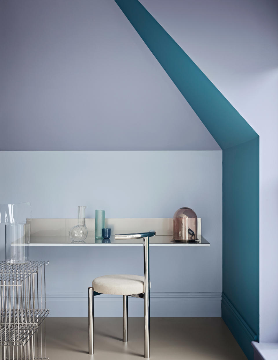 <p> Unusually shaped walls can be seen as an annoying burden, or they can be seen as an interesting architectural feature that you can accentuate with color. These pastel blue hues make for a calm and collected space. The contrasting dark blue paint makes a great ceiling idea and creates the impression of a cozy and cocooning nook. </p>