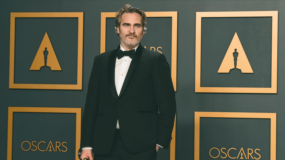 Joaquin Phoenix, winner of the award for best performance by an actor in a leading role for "Joker", poses in the press room at the Oscars, at the Dolby Theatre in Los Angeles92nd Academy Awards - Press Room, Los Angeles, USA - 09 Feb 2020.