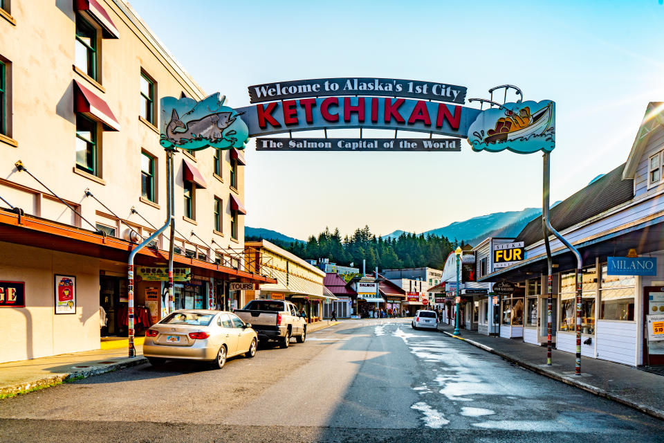 Ketchikan, USA - July 28, 2023: Welcome sign located in downtown Ketchikan's main street, Ketchikan, Alaska, USA.