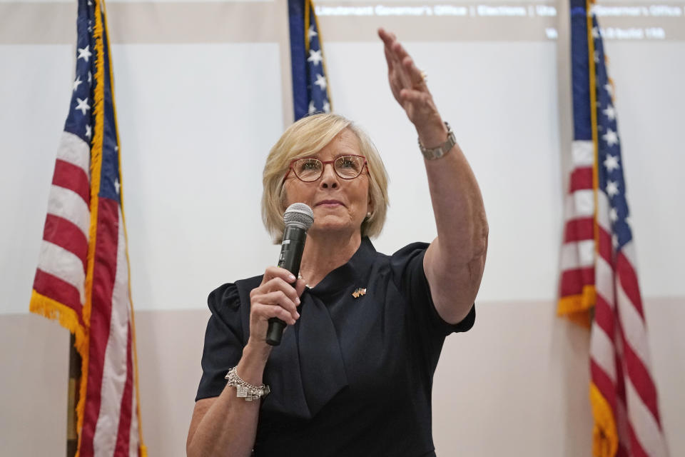 Former state lawmaker Becky Edwards speaks to supporters following an election night watch party Tuesday, Sept. 5, 2023, in Salt Lake City. Three Republicans competed in a special primary election in Utah for their party's nomination to replace U.S. Rep. Chris Stewart. Vying for the nomination are Edwards, businessman and former state party chairman Bruce Hough, and Celeste Maloy, an attorney and former aide to Stewart in Washington. (AP Photo/Rick Bowmer)