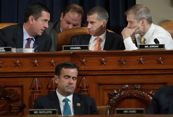PHOTO: Ranking member Devin Nunes (L) confers with Republican counsel Steve Castor (C) and Rep. Jim Jordan during former U.S. Ambassador to Ukraine Marie Yovanovitch's testimony before the House Intelligence Committee hearing in Washington, Nov. 15, 2019. (Alex Wong/Reuters)