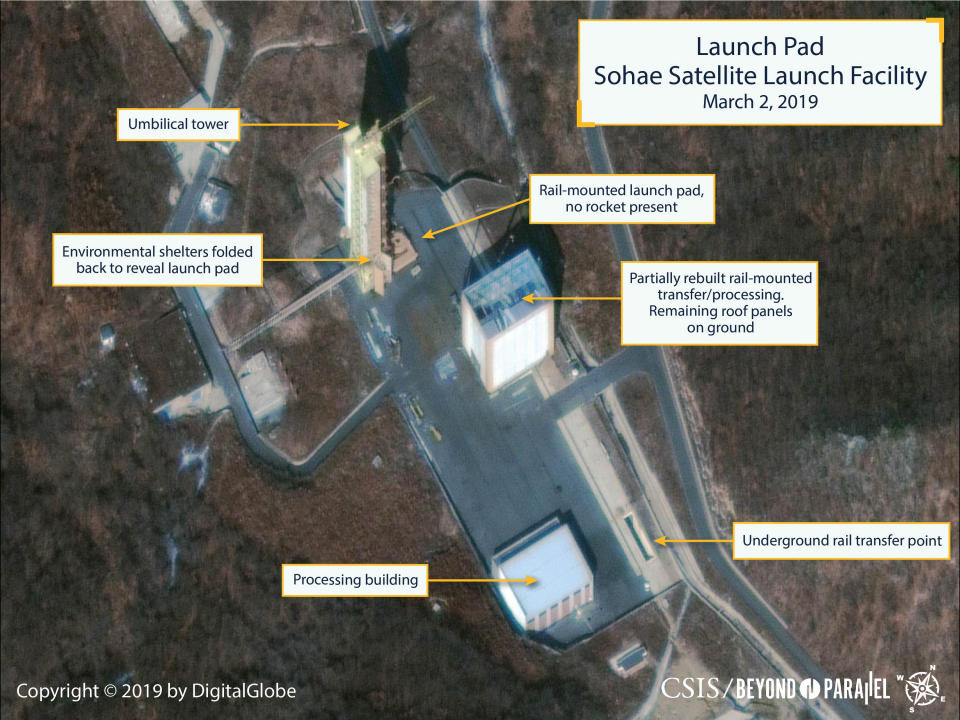  The Sohae Satellite Launching Station launch pad features what researchers describe as the partially rebuilt rail-mounted rocket transfer structure, in a commercial satellite image taken over Tongchang-ri. (Reuters)