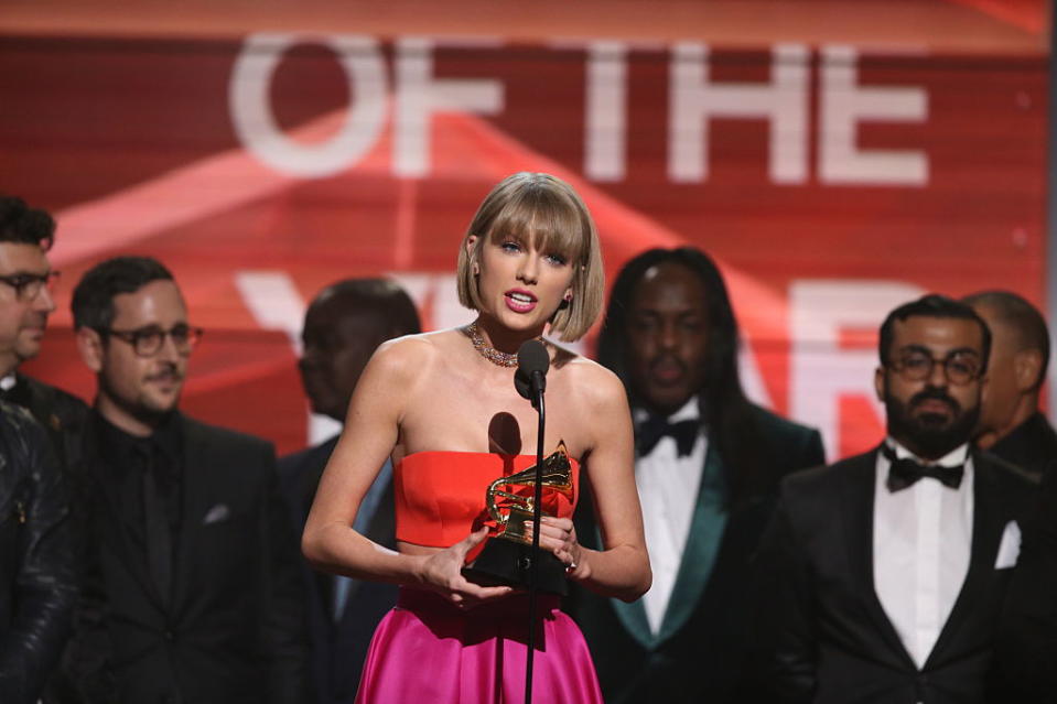 Taylor Swift accepts an award at the 2016 Grammys. (Photo: Cliff Lipson/CBS via Getty Images) 