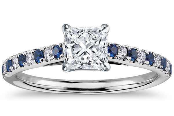 Micropavé Sapphire and Diamond Petite Cathedral Engagement Ring in Platinum