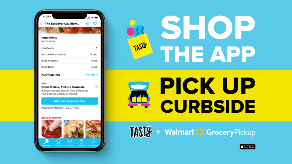 Advertisement for 'Tasty' app with grocery pickup option, showcasing a cauliflower recipe on a phone screen
