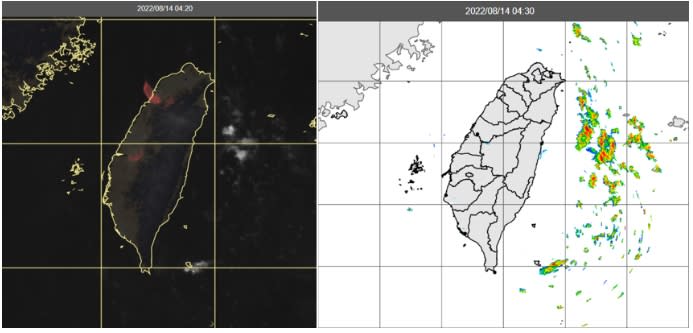 14日4：20真實色雲圖顯示，各地晴朗、雲層稀疏(左圖)；4：30雷達回波合成圖顯示，東部海面有零星回波(右圖)   圖/取自「三立準氣象．老大洩天機」專欄