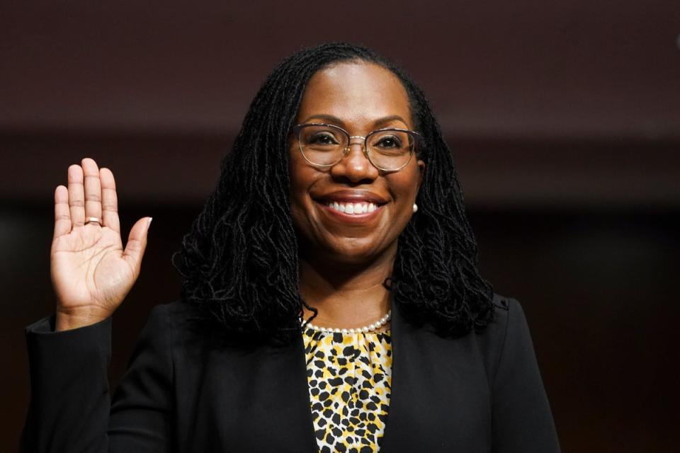 Ketanji Brown Jackson, nominated to be a U.S. Circuit Judge for the District of Columbia Circuit, is sworn in to testify before a Senate Judiciary Committee hearing on pending judicial nominations on Capitol Hill, April 28, 2021 in Washington, DC (Getty Images)