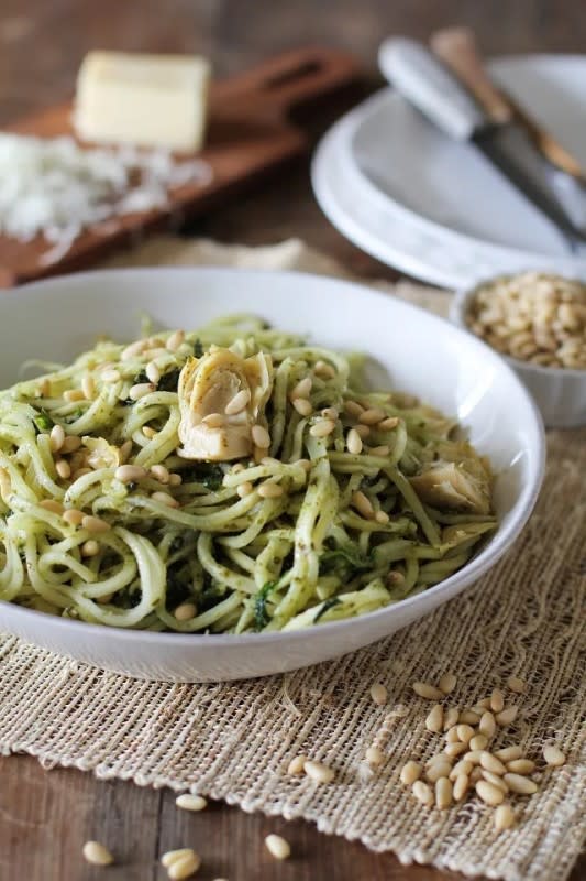 <p>The Roasted Root</p><p><strong>Get the recipe here: <a href="https://www.theroastedroot.net/turnip-pesto-pasta-with-artichoke-hearts-and-kale/" rel="nofollow noopener" target="_blank" data-ylk="slk:Turnip Pasta with Pesto, Artichoke Hearts and Kale;elm:context_link;itc:0;sec:content-canvas" class="link rapid-noclick-resp">Turnip Pasta with Pesto, Artichoke Hearts and Kale</a></strong></p>