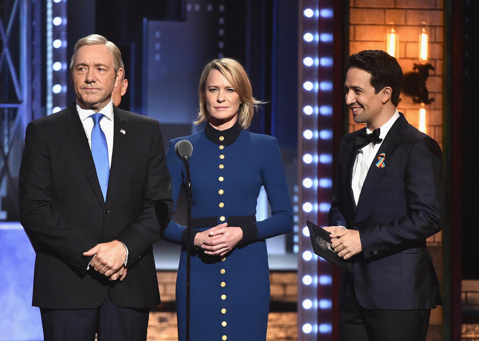 NEW YORK, NY - JUNE 11:  (L-R) Kevin Spacey, Robin Wright, and Lin-Manuel Miranda speak onstage during the 2017 Tony Awards at Radio City Music Hall on June 11, 2017 in New York City.  (Photo by Theo Wargo/Getty Images for Tony Awards Productions)