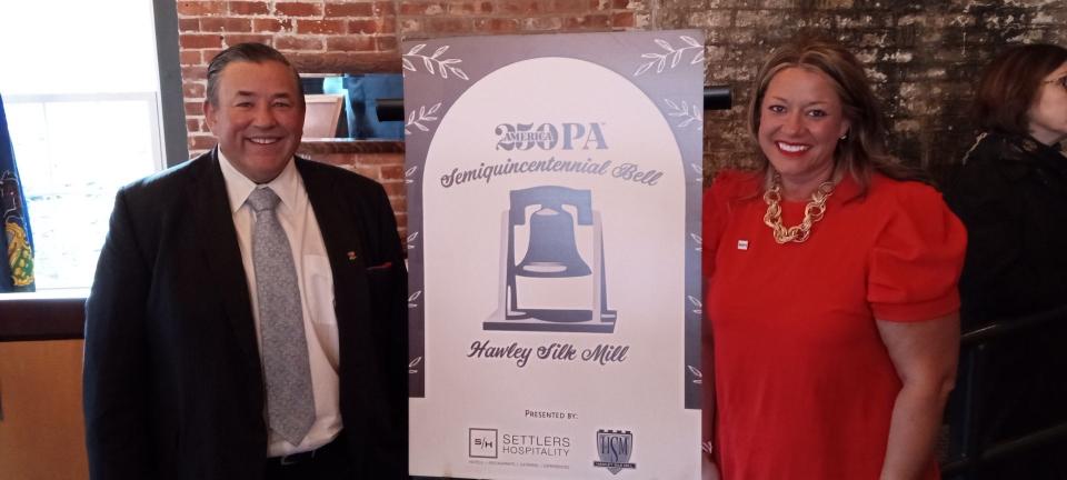 Justin Genzlinger, left, is president and CEO of Settlers Hospitality, which owns the Hawley Silk Mill. Cassandra Coleman, right, executive director of America250PA, was present Feb. 2, 2024, to announce that the Silk Mill has been designated as as site for a full-scale Liberty Bell replica this fall. The bell will honor this region's role in shaping the history of the United States of America, specifically the former silk mill's role in the Industrial Revolution.