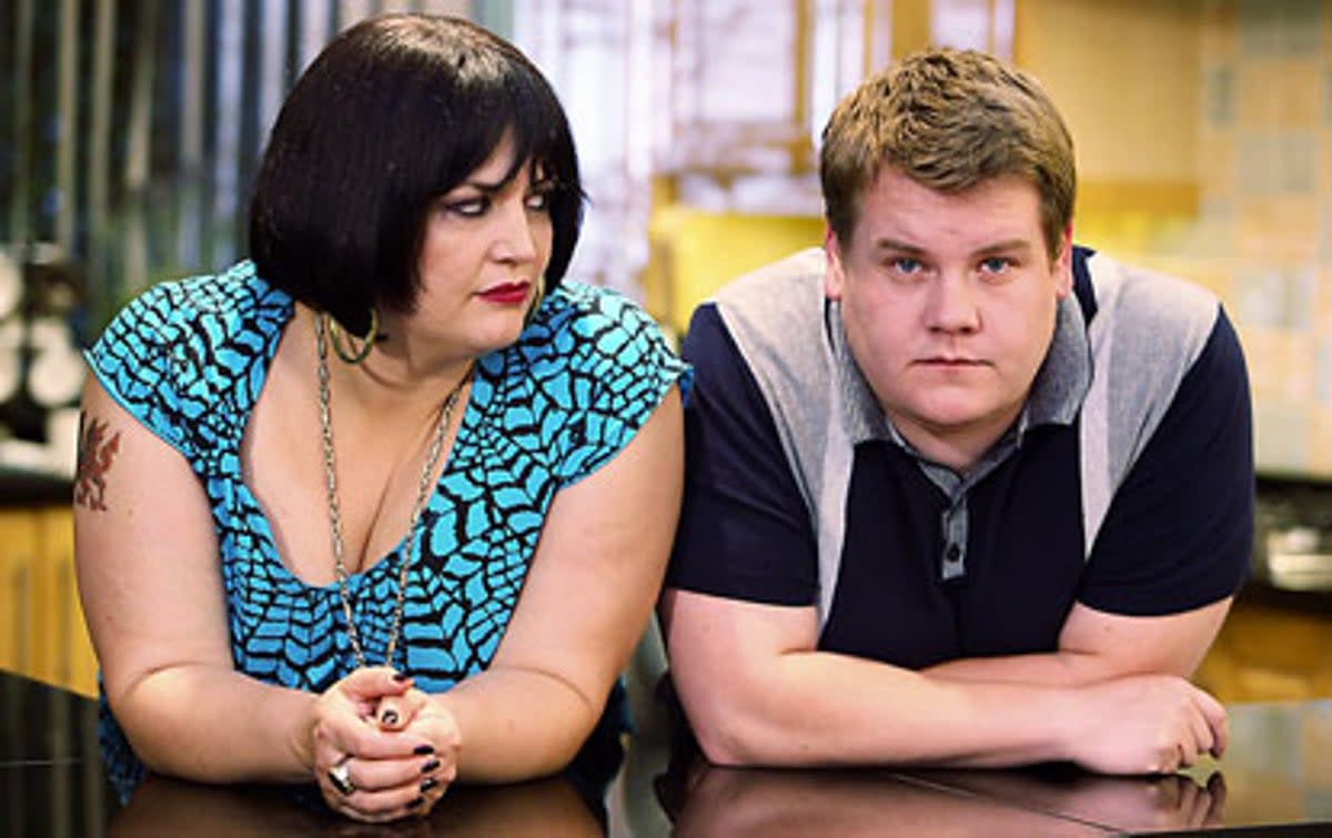 Ruth Jones (L) and James Corden (R), aka Nessa and Smithie from Gavin and Stacey