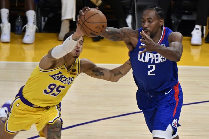 Los Angeles Clippers forward Kawhi Leonard (R) is averaging 24 points per game this season. File Photo by Jim Ruymen/UPI