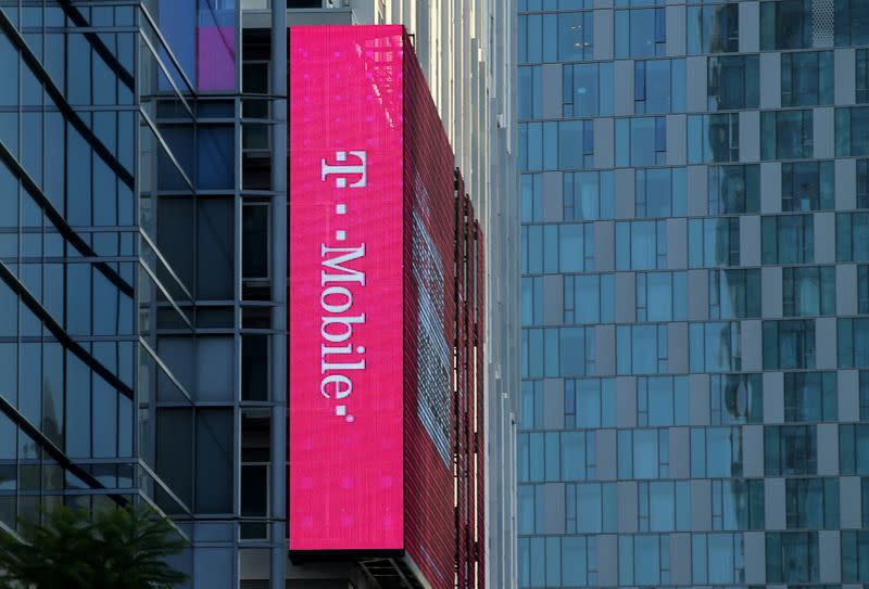 T-Mobile logo is advertised on building sign in Los Angeles