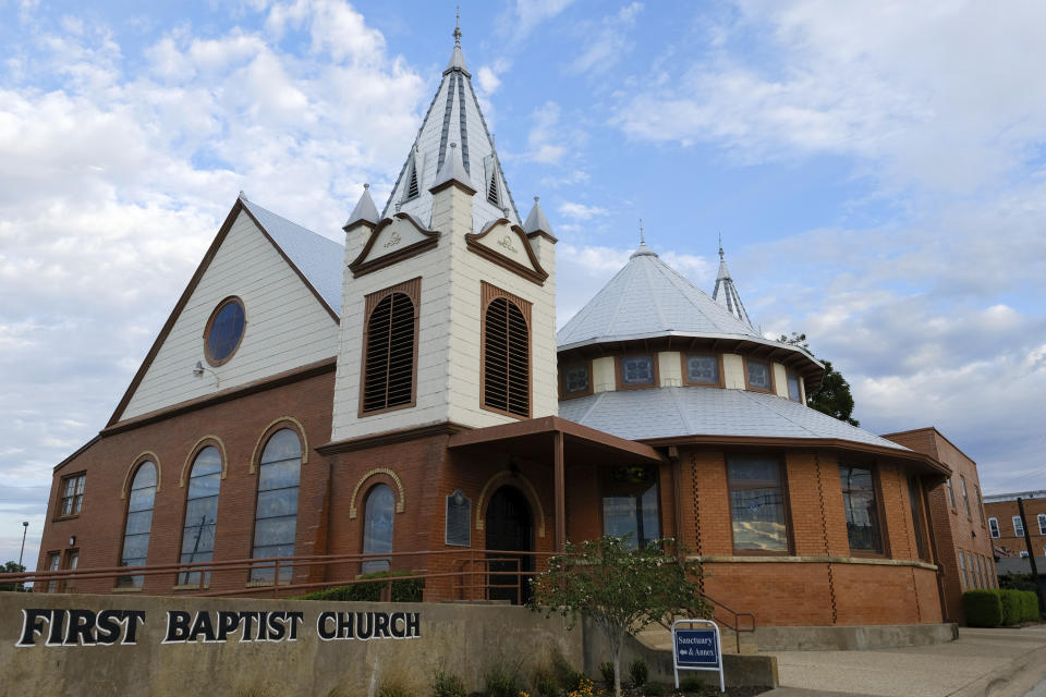 The auditorium of the First Baptist Church of Farmersville, Texas is seen on Sunday, Sept. 25, 2022. Bart Barber, new president of the Southern Baptist Convention, preaches at the church on Sundays. (AP Photo/Audrey Jackson)