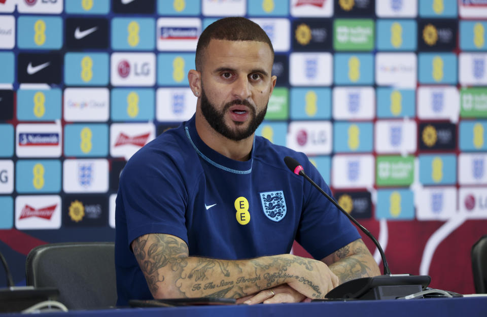 DOHA, QATAR - DECEMBER 7: Kyle Walker of England answers to the media during a press conference following England training session at Al Wakrah Stadium on December 7, 2022 in Doha, Qatar. (Photo by Jean Catuffe/Getty Images)