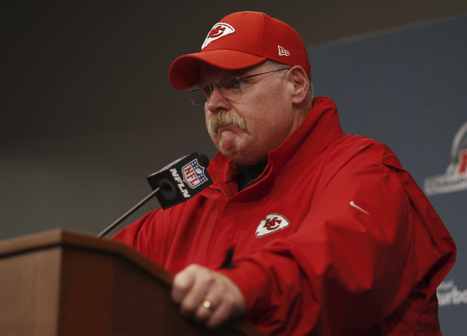 A Kansas City sports radio host is suspended until further notice after comments he made Monday about Chiefs head coach Andy Reid, above. (AP) 