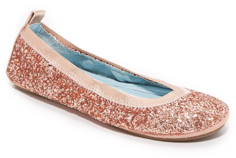 <p>A soft elastic top on these sparkly Yosi flats means no hard edges rubbing into your skin (and no hidden Band-Aids).</p> <p><strong>To buy</strong>: $106; <a rel="nofollow noopener" href="http://www.anrdoezrs.net/links/7799179/type/dlg/sid/SYNinstyleRCcomfortweddingshoes/https://www.shopbop.com/hitched-yosi-samra-serena-glitter/vp/v=1/1553971183.htm" target="_blank" data-ylk="slk:shopbop.com;elm:context_link;itc:0;sec:content-canvas" class="link ">shopbop.com</a></p>