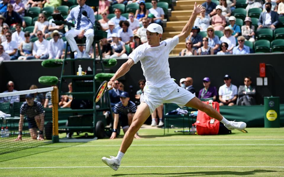 Alex de Minaur of Australia in action in the men's 4th round match against Cristian Garin of Chile at the Wimbledon Championships, in Wimbledon, Britain, 04 July 2022. Wimbledon Championships 2022 Day 8, United Kingdom - 04 Jul 2022 - Neil Hall/Shutterstock