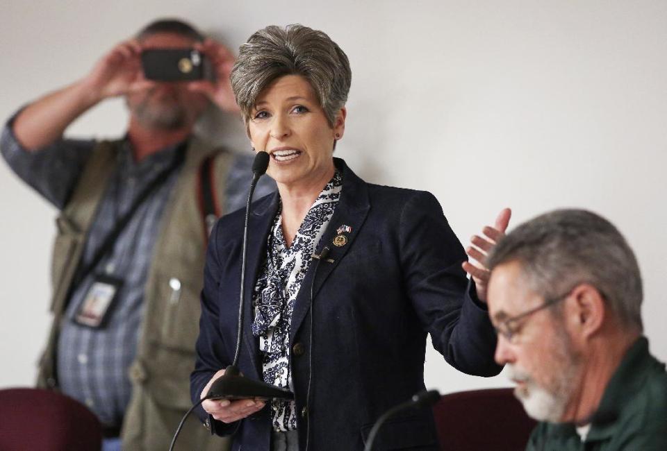 Sen. Joni Ernst, R-Iowa, speaks during a veterans roundtable event at Maquoketa City Hall on Tuesday, Feb. 21, 2017, in Maquoketa, Iowa. Iowa’s U.S. senators were met Tuesday with overflow crowds who pointedly questioned them about President Donald Trump’s actions during his first month in office and other issues. Although Republican Sens. Charles Grassley and Ernst held meetings in small towns in northern and eastern Iowa, they drew big crowds. (Nicki Kohl/Telegraph Herald via AP)