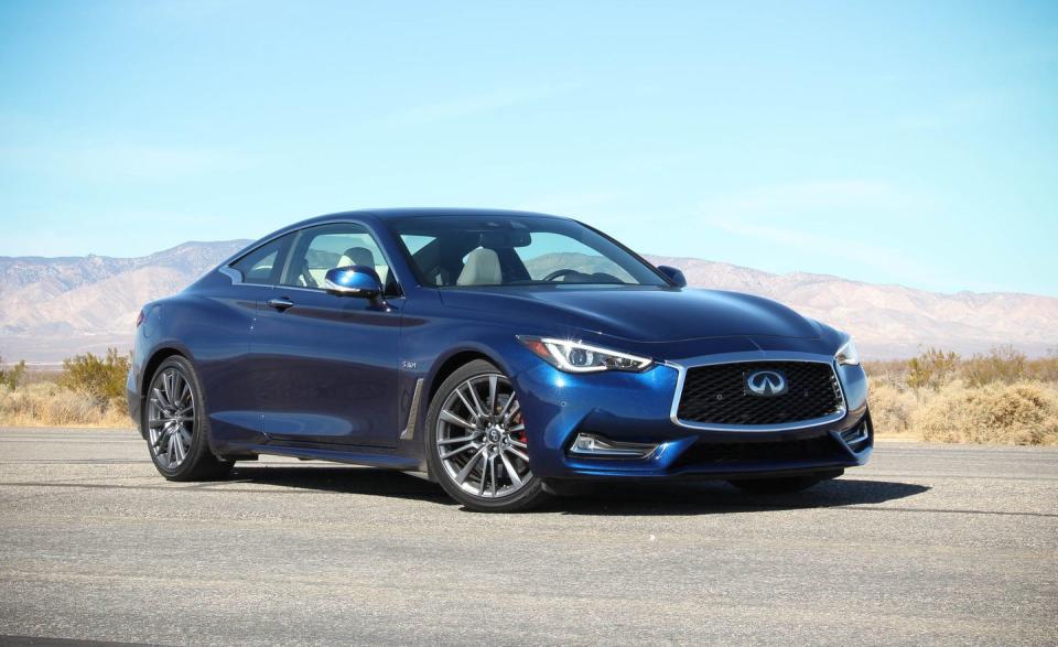 <p>Aggressive design and a duo of eager engines set the Q60 apart from the competition. The base engine is a 208-hp turbo 2.0-liter inline-four, while the optional twin-turbo 3.0-liter V-6 makes 300 horsepower. The steering feels artificially light and doesn’t transmit much information about what the front tires are doing; the suspension, however, offers great handling and a compliant ride. Excellent mechanicals are let down by an interior that is cramped, outdated, and desperately in need of modernization. <a rel="nofollow noopener" href="https://www.caranddriver.com/infiniti/q60" target="_blank" data-ylk="slk:READ MORE ››;elm:context_link;itc:0;sec:content-canvas" class="link ">READ MORE ››</a></p>
