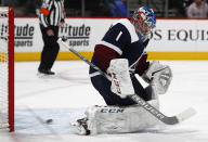 Colorado Avalanche goaltender Semyon Varlamov reacts after allowing a shot off the stick of Nashville Predators center Nick Bonino to go into the net for a goal in the second period of an NHL hockey game Monday, Jan. 21, 2019, in Denver. (AP Photo/David Zalubowski)