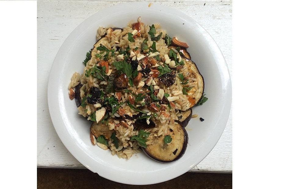 Baked aubergine, mushrooms and farro (Victoria Stewart)