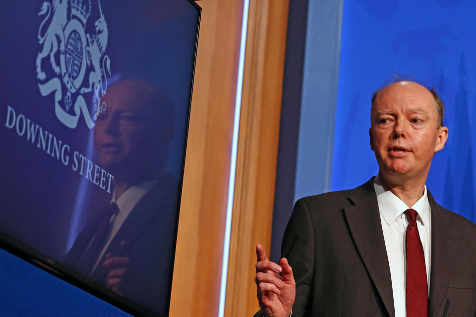 Chief Medical Officer for England Chris Whitty speaking at a press conference in London's Downing Street after ministers met to consider imposing new restrictions in response to rising cases and the spread of the Omicron variant. Picture date: Wednesday December 8, 2021.