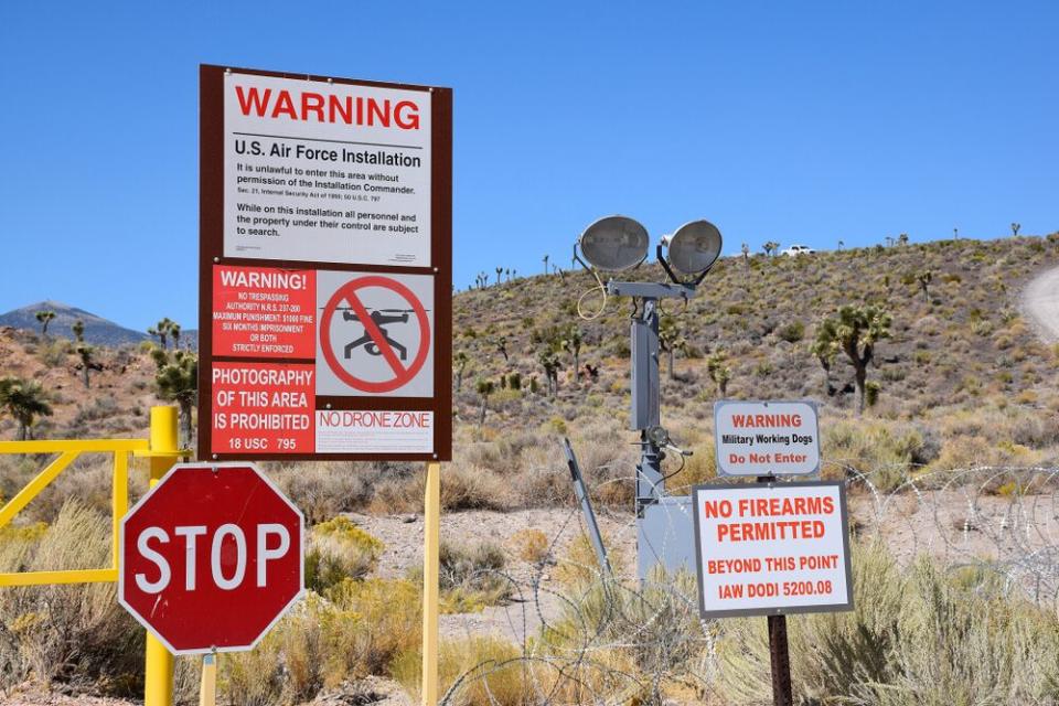 Security measures at the Area 51 perimeter. Note the white 
