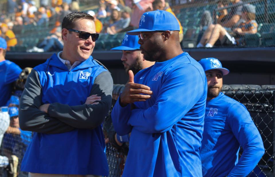 First-year Memphis baseball coach Kerrick Jackson, right, speaks with Tigers athletic director Laird Veatch during a scrimmage against Tennessee in fall 2022.