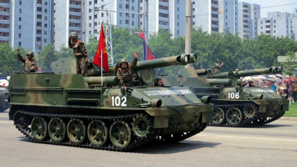 two north korean m1974 152mm self propelled howitzers in 2013