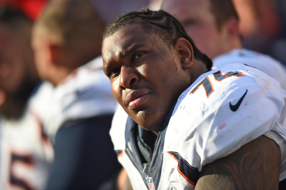 14 December 2014: Denver Broncos Offenisive Guard Orlando Franklin (74) [15767] during an NFL game between the Denver Broncos and the San Diego Chargers at Qualcomm Stadium in San Diego, CA. (Photo by Chris Williams/Icon Sportswire/Corbis/Icon Sportswire via Getty Images)