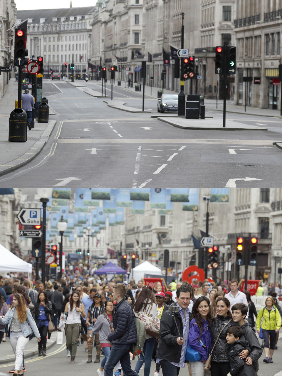 A combo of images shows people walking on a traffic free Regent street in London on Sunday, July 12, 2015 and an image of an empty street taken from the same angle on Wednesday, April 1, 2020. When Associated Press photographer Frank Augstein moved to London in 2015, what struck him most was the crowds. In years of covering political dramas, moments of celebration and tragedy and major sporting events, Augstein's photographs have captured the city's ceaseless movement: Pedestrians swarming over the Millennium footbridge spanning the River Thames. Travelers from the U.K. and continental Europe thronging St. Pancras railway station. Commuters following London transit etiquette by carefully ignoring one another on a crowded Tube train, or waiting patiently in a snaking bus queue. Augstein revisited those sites in recent days after Britain — like other countries around the world — went into effective lockdown to stem the spread of the new coronavirus. (AP Photo/Frank Augstein)