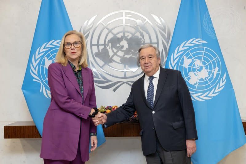 Sgrid Kaag, outgoing deputy prime minister of the Netherlands, shakes hands with U.N. Secretary-General Antonio Guterres. Kaag was appointed Tuesday to lead the humanitarian aid effort for Gaza. Photo courtesy of U.N. Palestinian Rights Committee/X