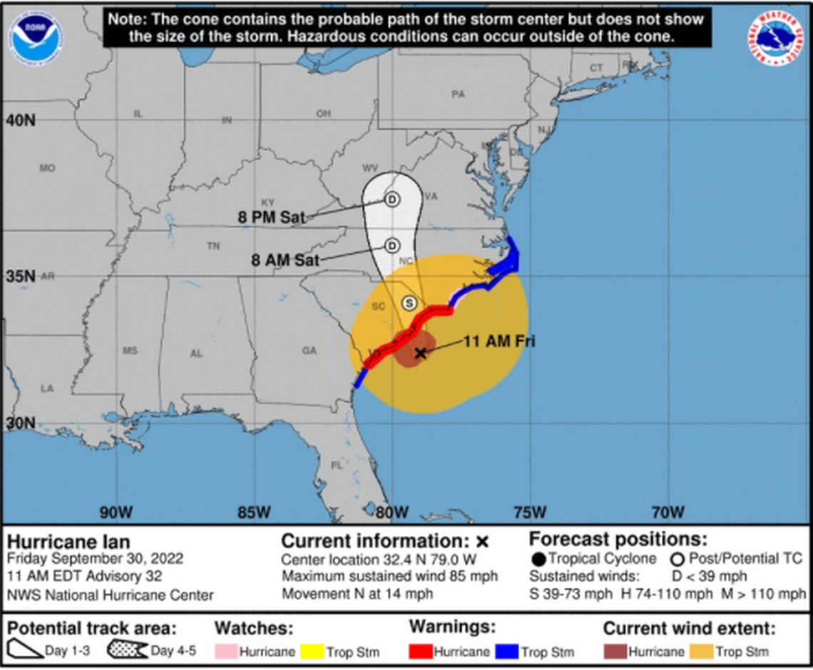 The orange shading on the map indicates the wind field from Hurricane Ian, which is expected to hit South Carolina’s coast Friday afternoon.