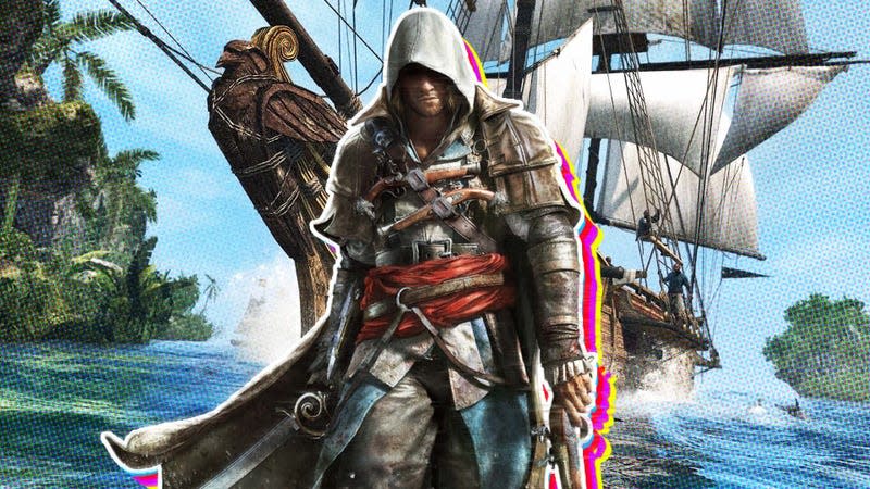 Assassin's Creed IV: Black Flag protagonist Edward Kenway poses in front of his ship, the Jackdaw.