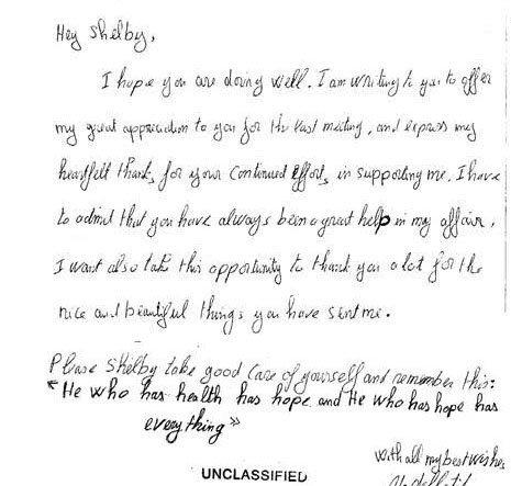 A note from Nasser to one of his lawyers, Shelby Sullivan-Bennis. (Photo: Courtesy of Reprieve)