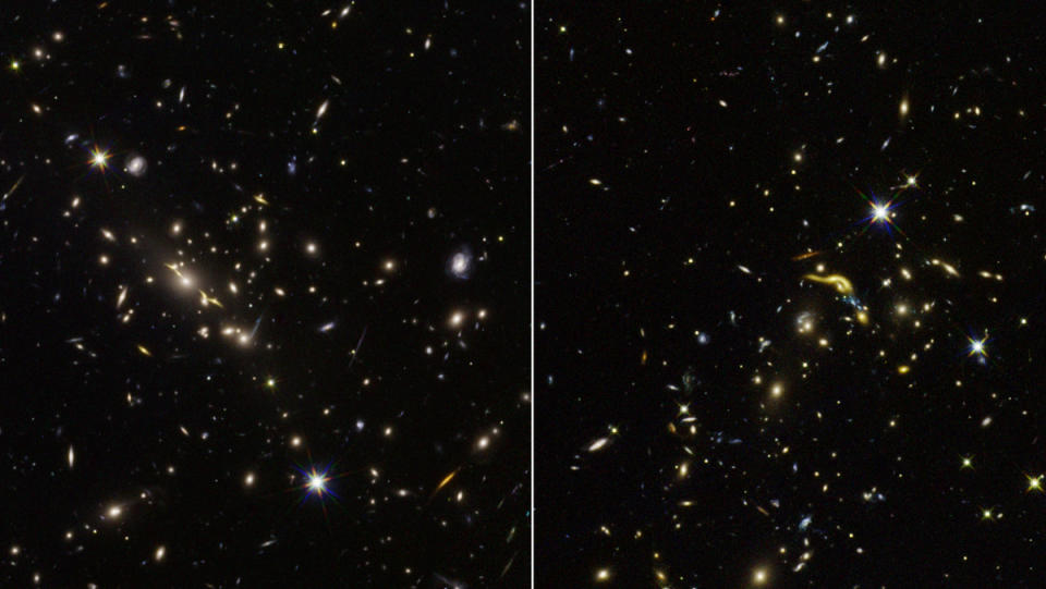 A false-color image of distant, "dead" galaxies that have been magnified thanks to gravitational lensing.