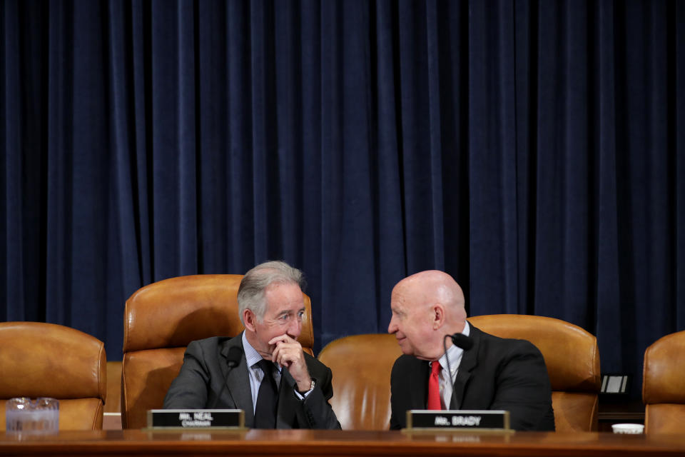WASHINGTON, DC - MAY 16: House Ways and Means Committee Chairman Richard Neal (D-MA) and ranking member Rep. Kevin Brady (R-TX) talk before a hearing on maternal mortality in the Longworth House Office Building on Capitol Hill May 16, 2019 in Washington, DC. Experts in women's health testified about how the federal government an assist in overcoming racial disparities and social determinants in the maternal mortality crisis. According to the Centers for Disease Control women of color in the United States are three to four times more likely to die from childbirth related complications. (Photo by Chip Somodevilla/Getty Images)