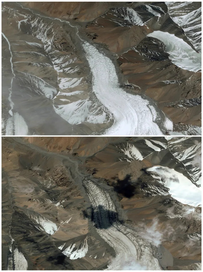 Satellite images provided by Maxar Technologies compare the Laohugou No. 12 glacier in China in September 2018, top, and again in July 2020. (Maxar Technologies via The New York Times)