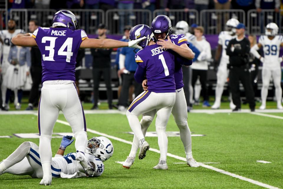 MINNEAPOLIS, MINNESOTA - DECEMBER 17: Greg Joseph #1 of the Minnesota Vikings celebrates after kicking the game winning field goal against the Indianapolis Colts during overtime at U.S. Bank Stadium on December 17, 2022 in Minneapolis, Minnesota. (Photo by Stephen Maturen/Getty Images)