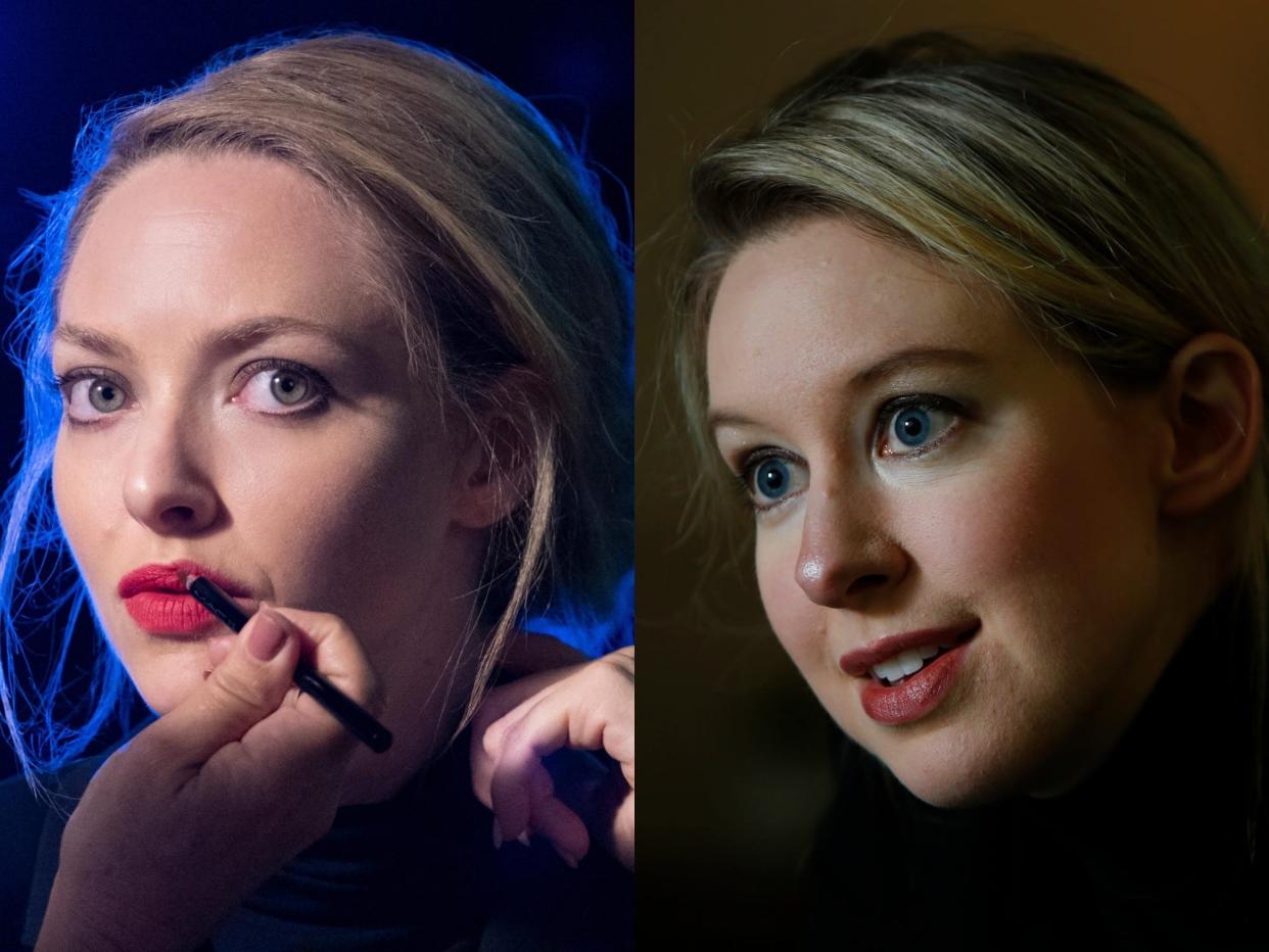 Amanda Seyfried as Elizabeth Holmes in "The Dropout" (left) and the real Elizabeth Holmes